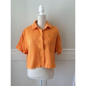 DKNY Jeans Orange Textured Cotton Button-Up Cropped Shirt S New